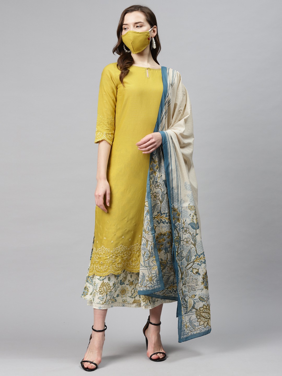 

Biba Women Mustard Yellow White Solid Kurta Palazzos Dupatta