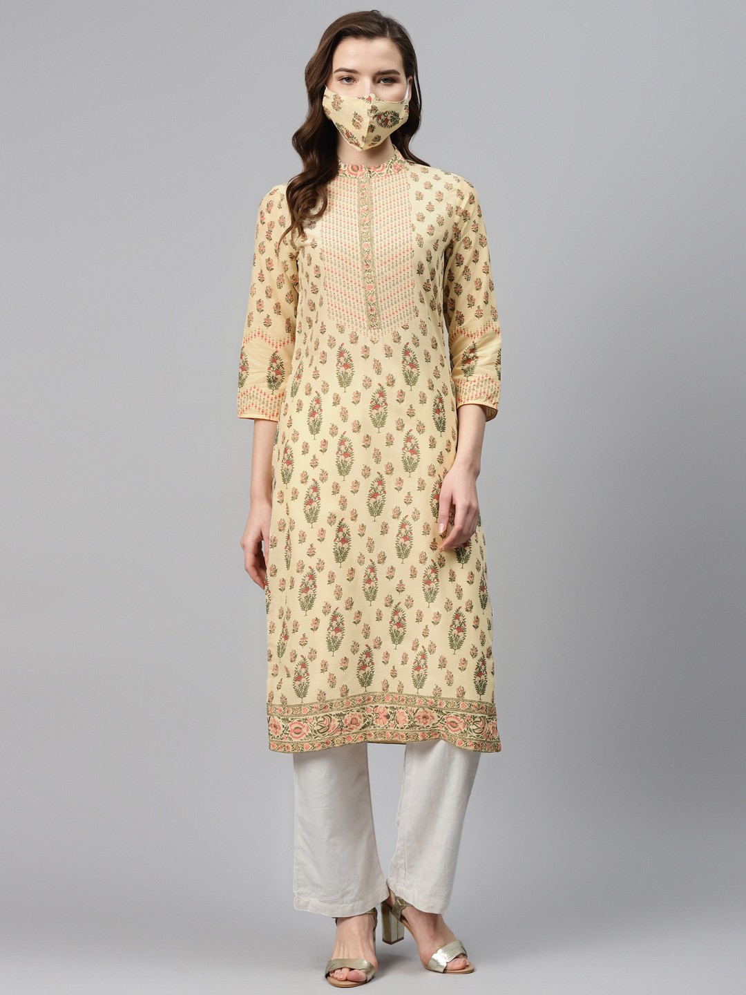 

Biba Women Beige Green Printed Pure Cotton Straight Kurta