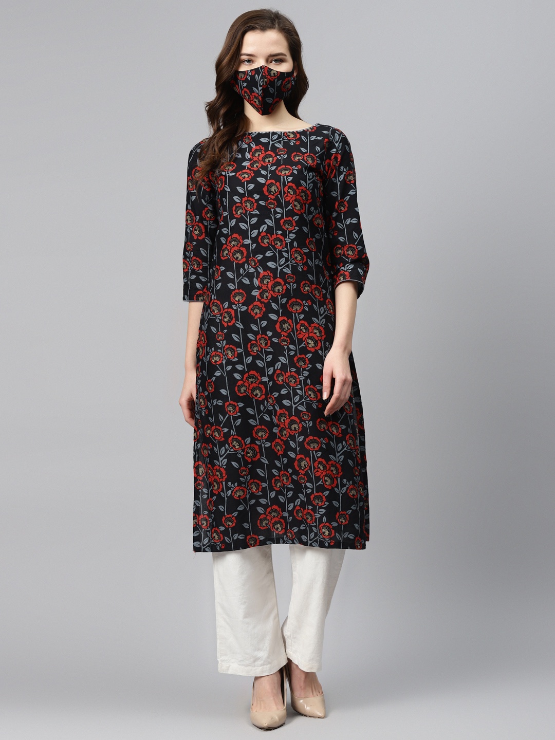 

Biba Women Black Red Floral Print Pure Cotton Straight Kurta