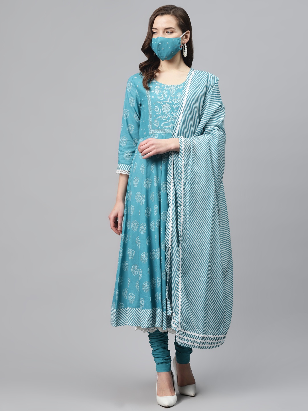 

Biba Women Turquoise Blue White Floral Print Cotton Kurta Set