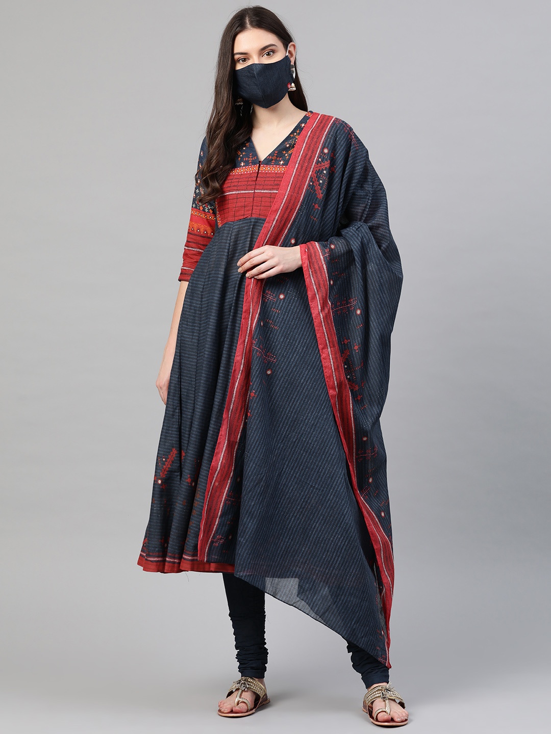 

Biba Women Navy Blue & Red Striped Kurta with Churidar & Dupatta