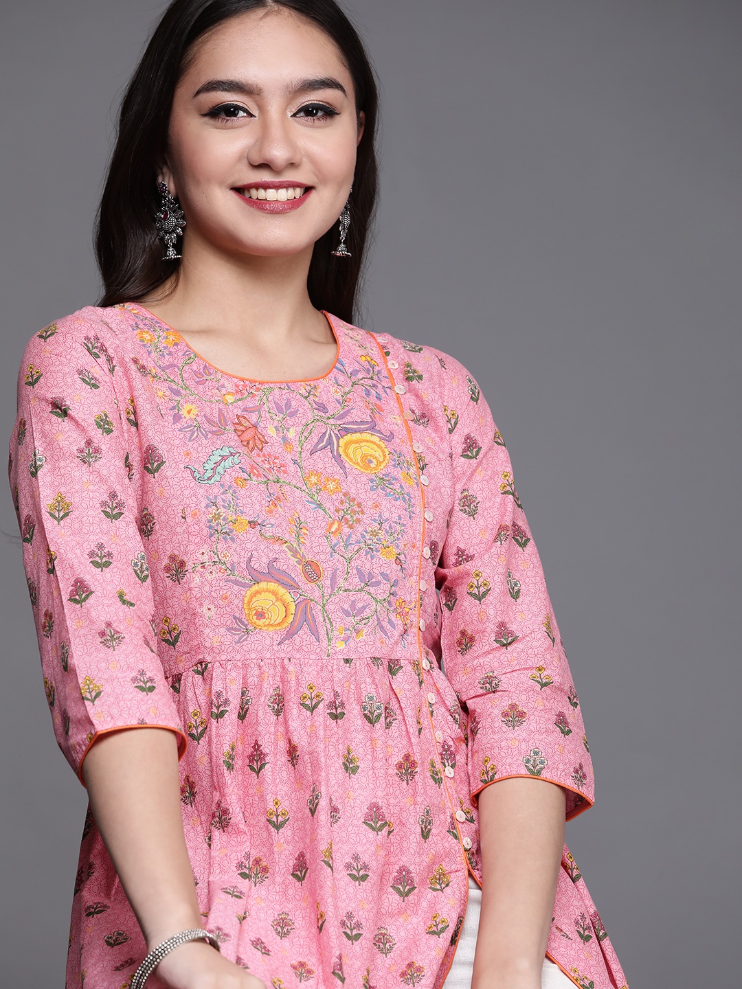

Biba Women Pink Floral Printed Anarkali Kurta With Front Slit