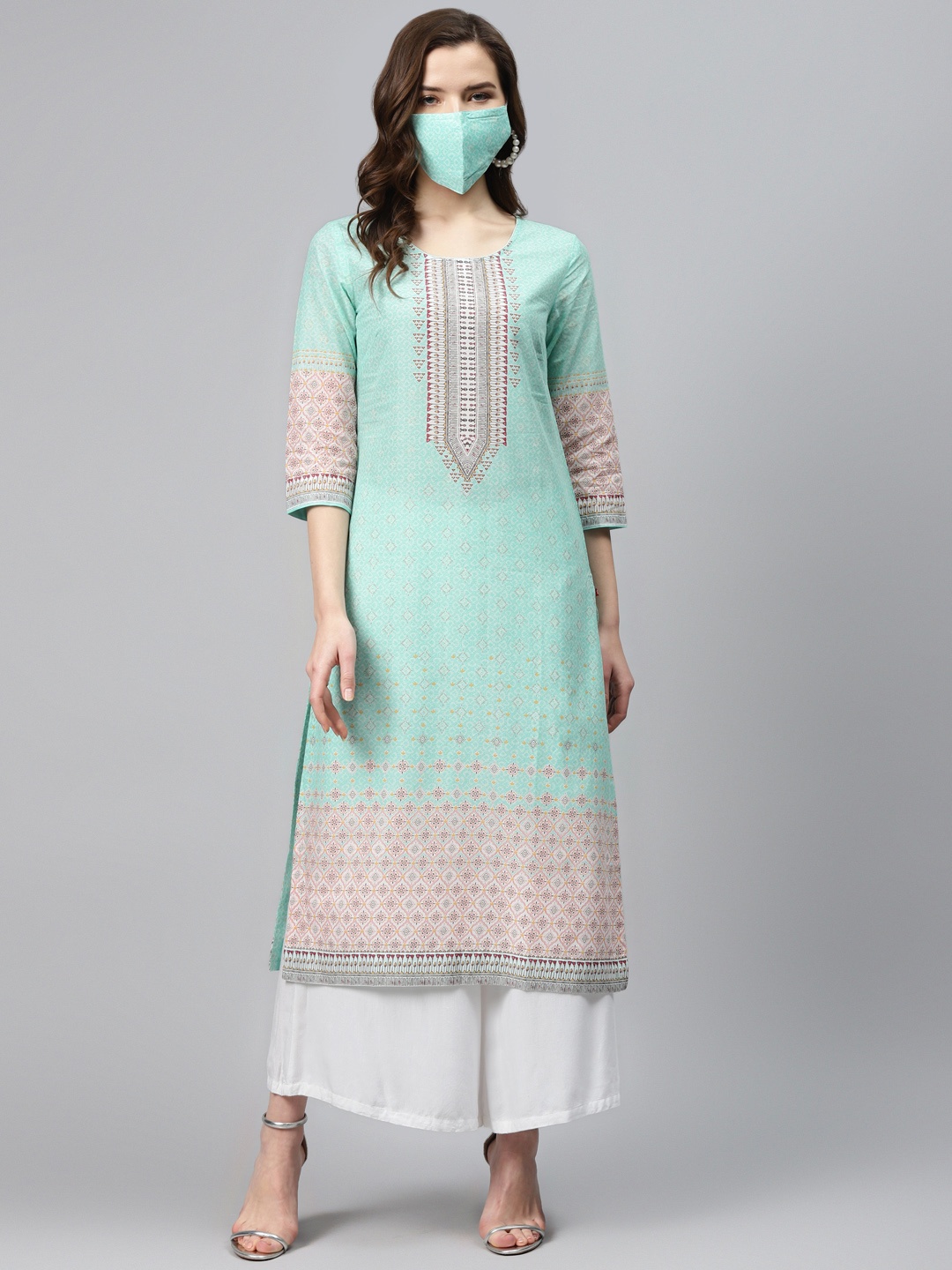 

Biba Women Blue Printed Straight Pure Cotton Kurta