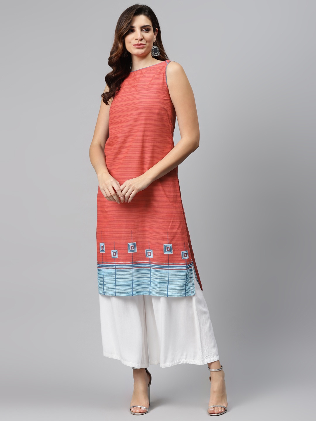 

Biba Women Red & Blue Pure Cotton Striped Straight Kurta