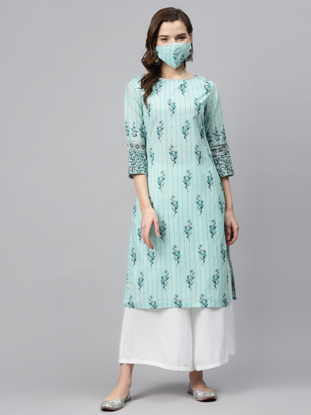 

Biba Women Blue Cream-Coloured Printed Pure Cotton Straight Kurta
