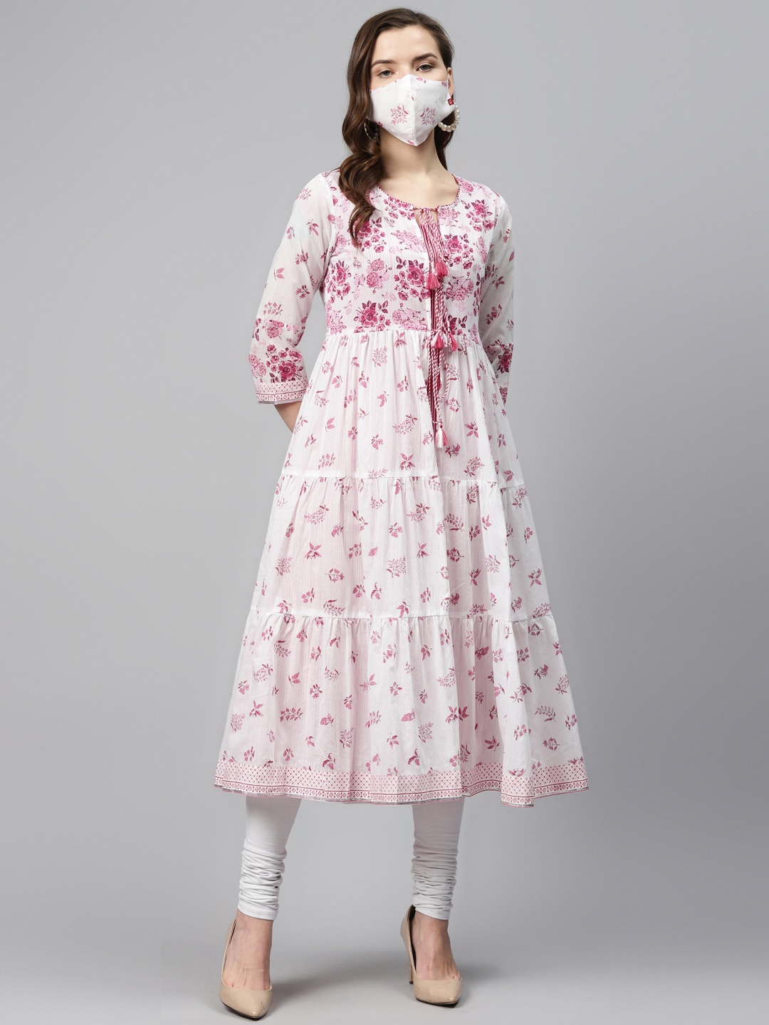 

Biba Women White Pink Floral Print Tiered Layered Pure Cotton A-Line Kurta