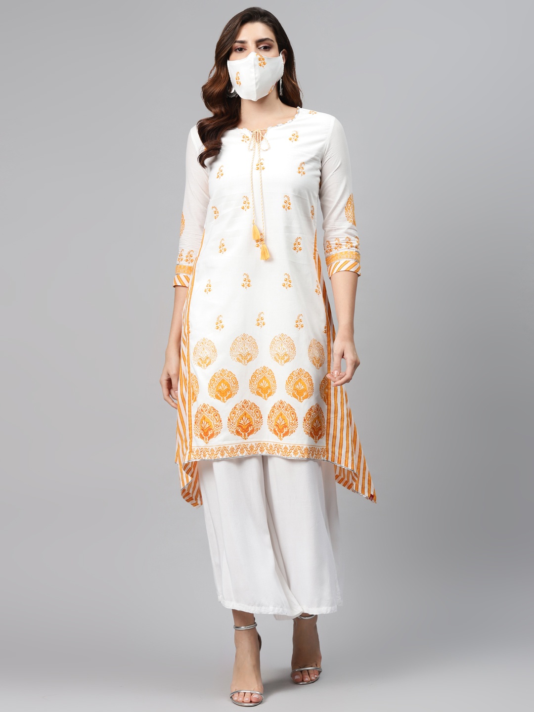 Biba Women White Yellow Printed Pure Cotton A-Line Asymmetric Kurta
