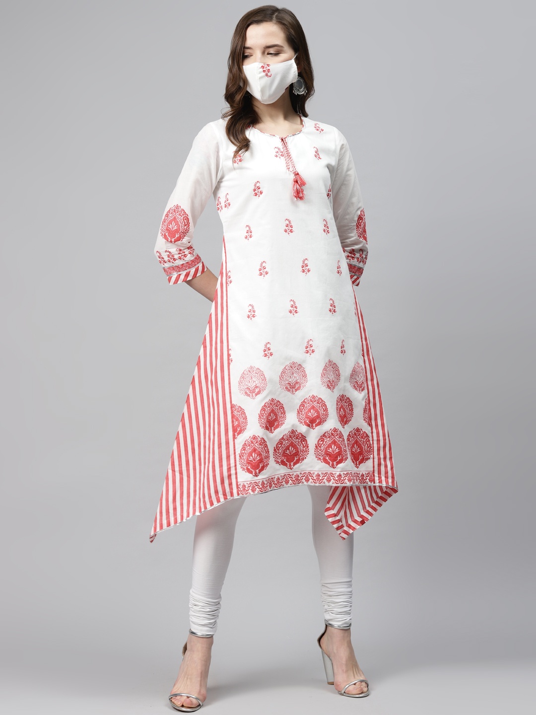

Biba Women White Pink Printed Pure Cotton A-Line Asymmetric Kurta