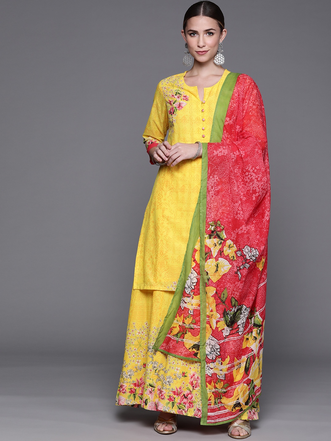 

Biba Women Yellow Ethnic Motifs Printed Pure Cotton Kurta with Palazzos & Dupatta