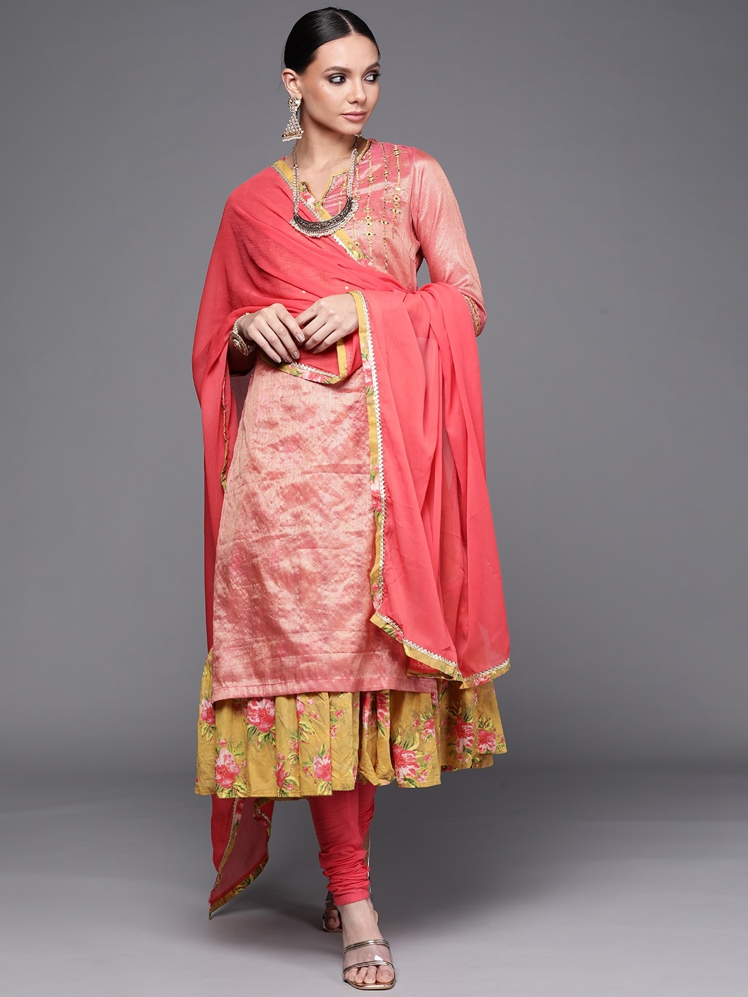 

Biba Women Pink & Yellow Ethnic Motifs Yoke Design Layered Kurta with Churidar & Dupatta