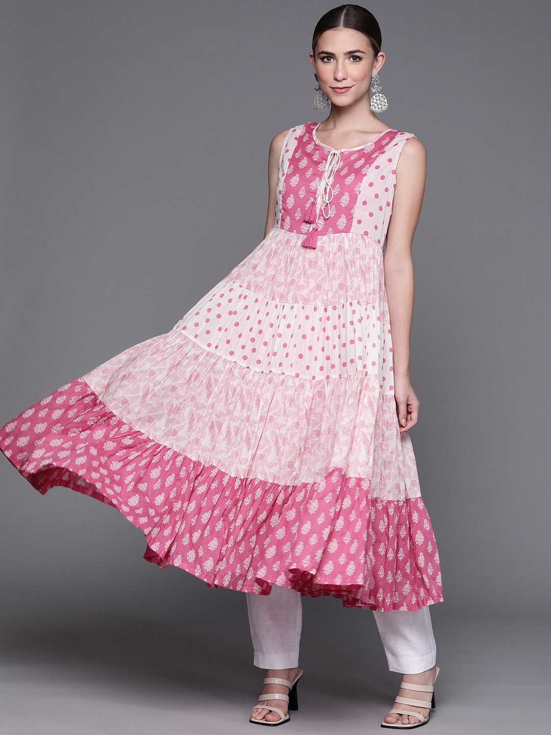 

Biba Women Pink & White Pure Cotton Printed Kurta
