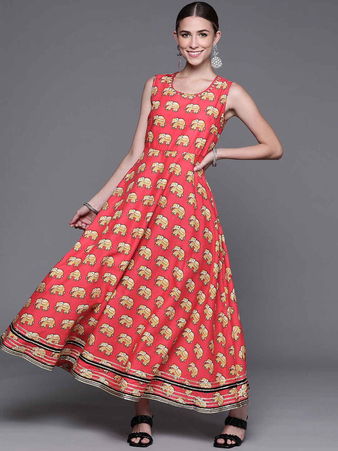 

Biba Women Magenta & Olive Green Pure Cotton Ethnic Printed Mirror Work Anarkali Kurta