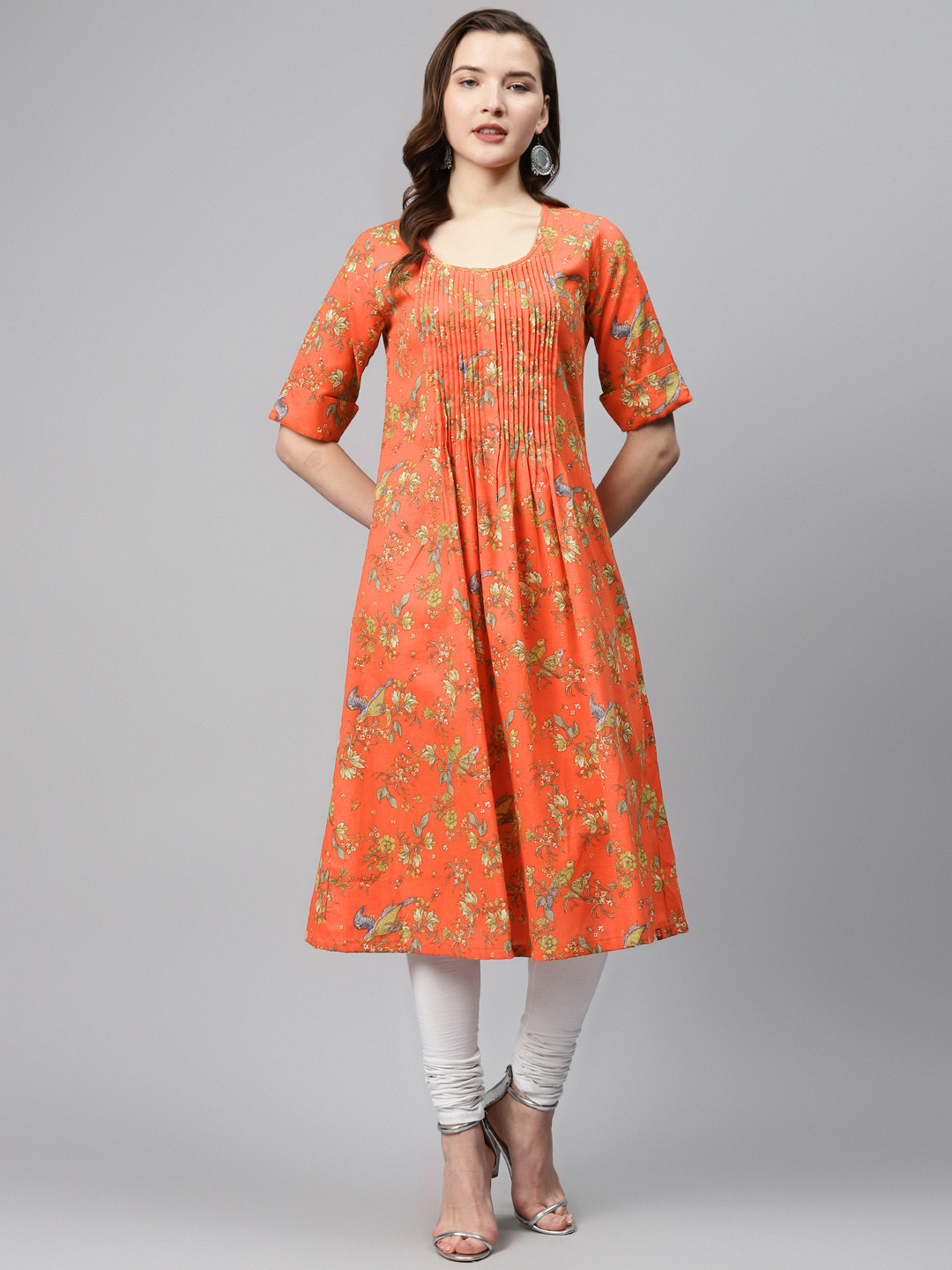 

Biba Women Orange & Yellow Floral Print A-Line Kurta