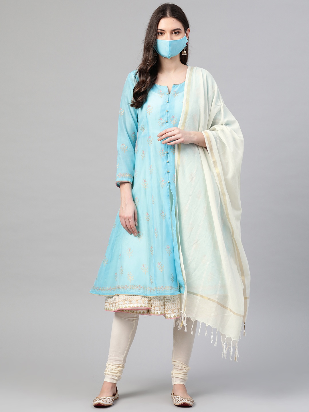 

Biba Women Blue & Off-White Printed Layered Kurta with Churidar & Dupatta