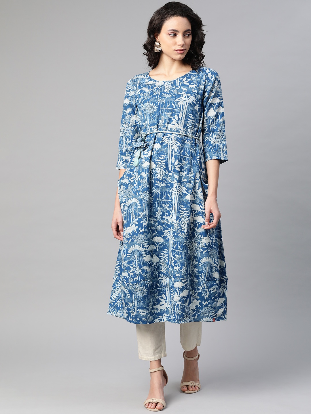 

Biba Women Blue & Off-White Printed A-Line Kurta