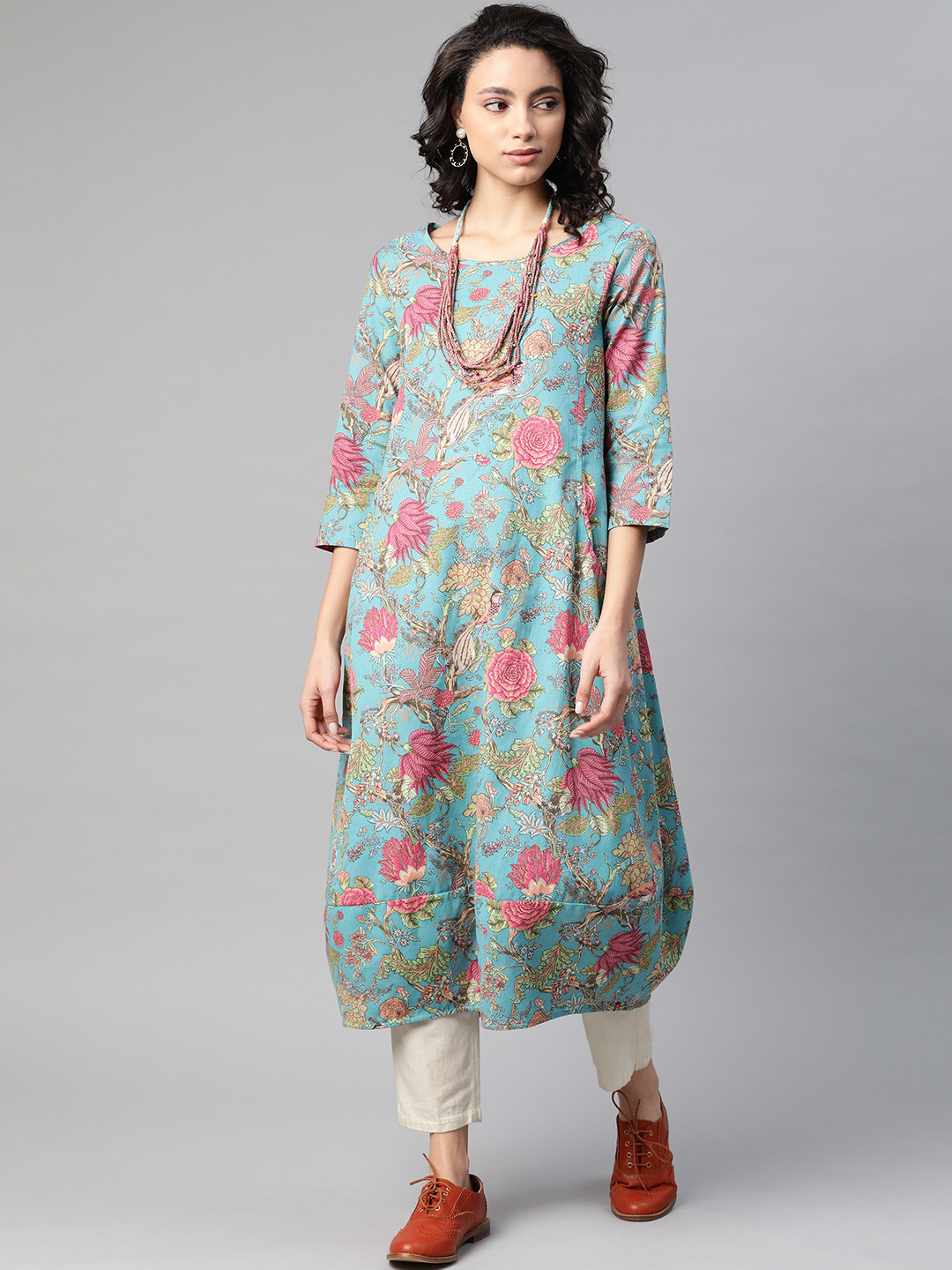 

Biba Women Blue & Pink Floral Print A-Line Kurta