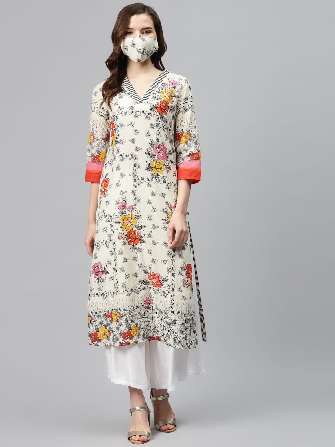 

Biba Women Cream-Coloured Black Floral Print Cotton Straight Kurta