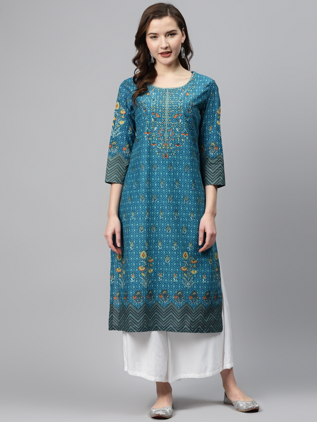 

Biba Women Blue & Yellow Printed Pure Cotton Straight Kurta