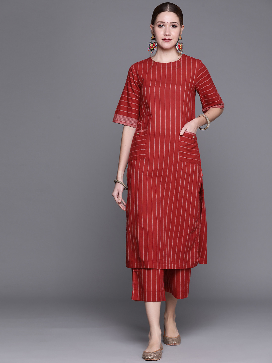 

Biba Women Red Striped Pure Cotton Kurta with Trousers