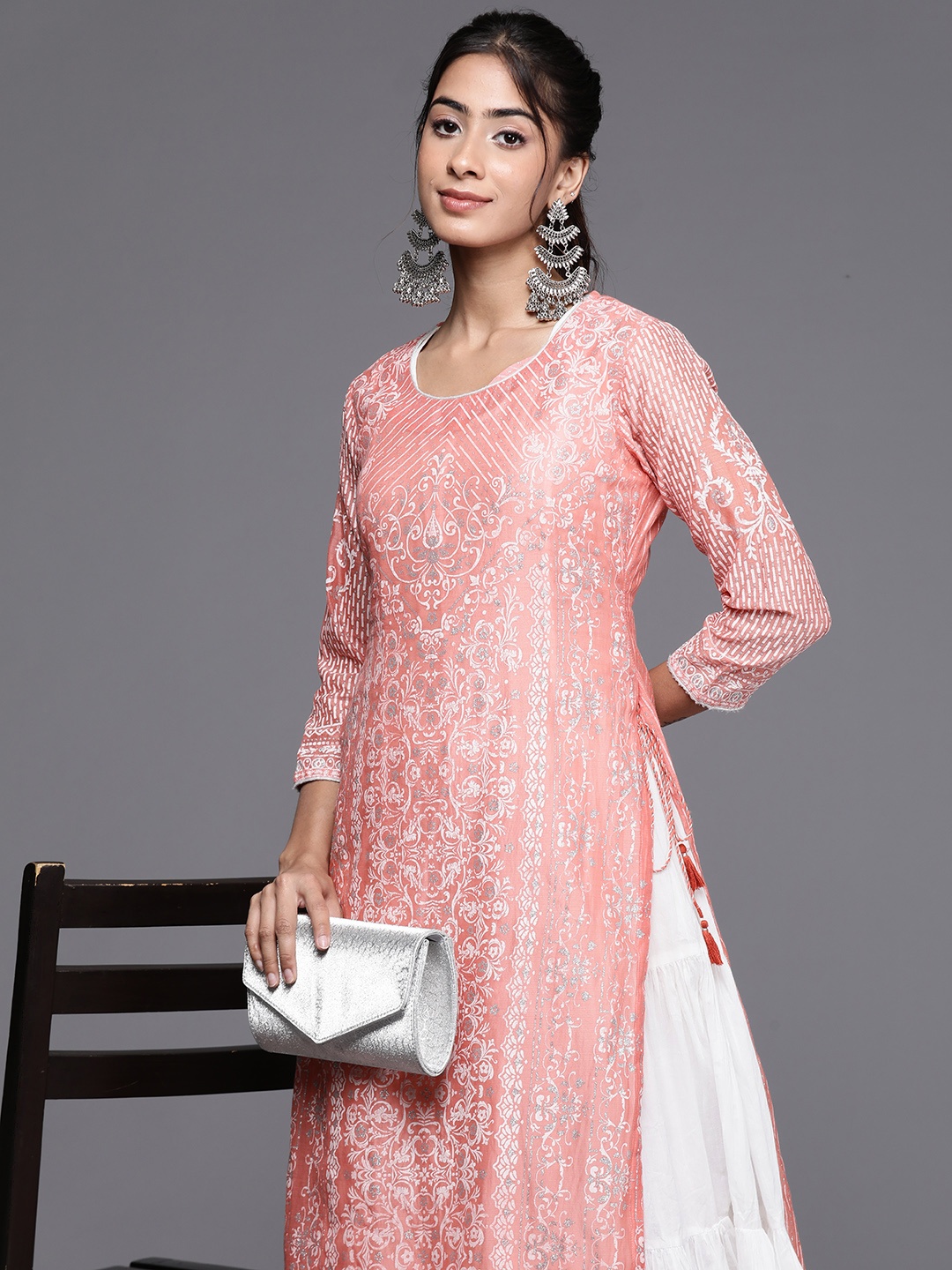 

Biba Ethnic Motifs Printed Layered Kurta, Peach