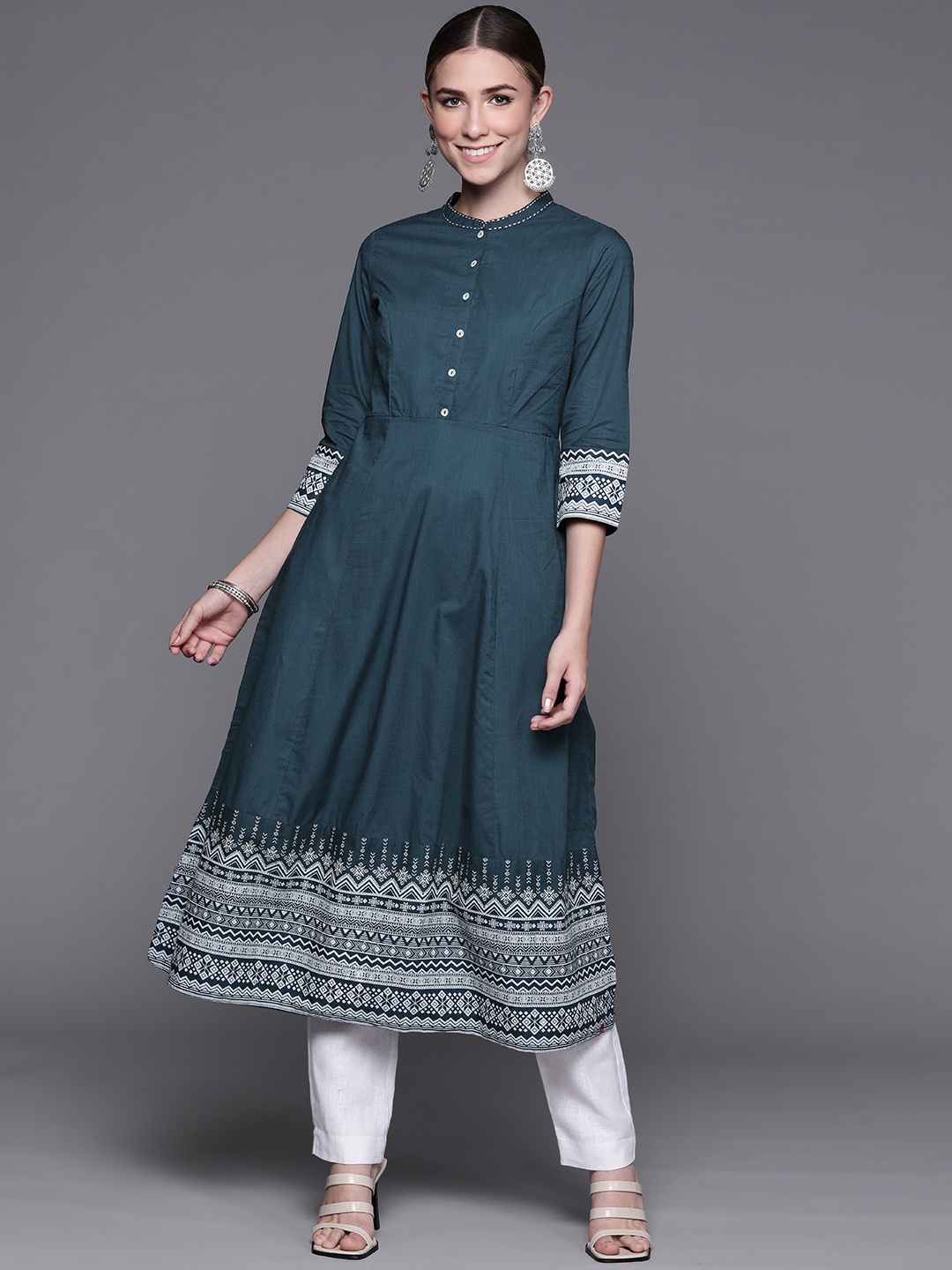 

Biba Women Teal Blue Ethnic Motifs Printed Cotton Kurta