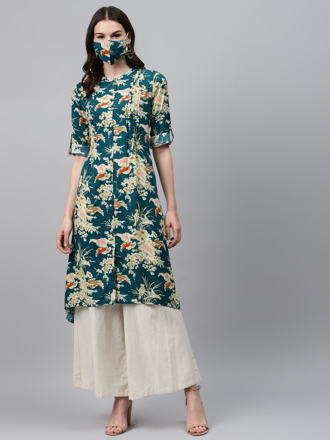 

Biba Women Teal Green Beige Floral Printed Straight High-Low Kurta