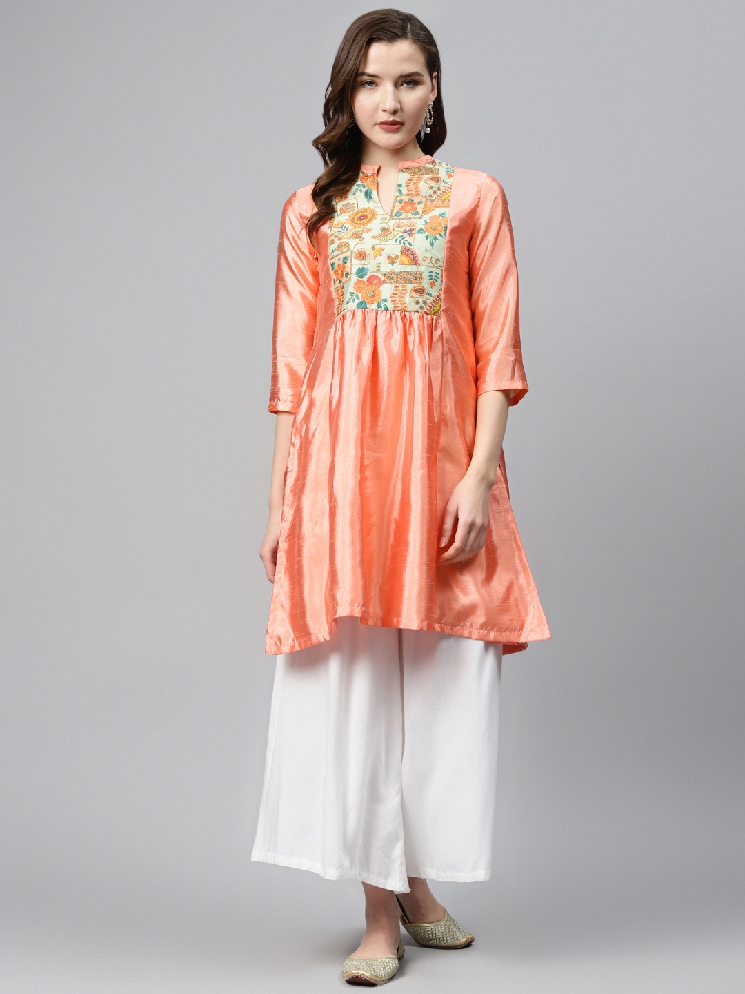 

Biba Women Peach-Coloured & Green Yoke Design A-Line Kurta With Sheen Effect