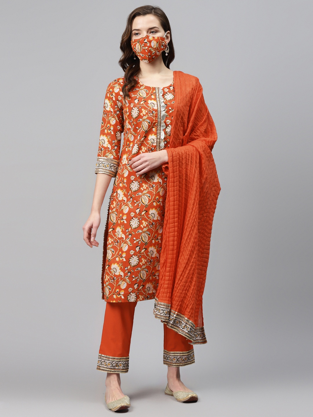 

Biba Women Rust White Printed Kurta with Trousers Dupatta