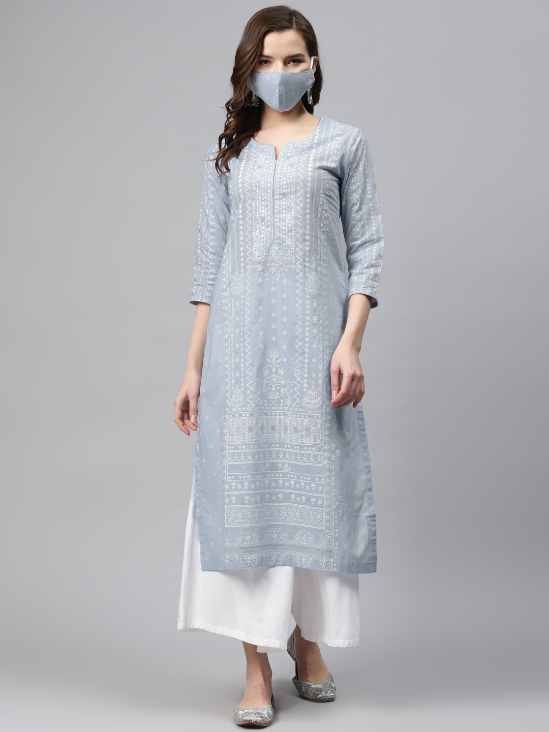 

Biba Women Blue White Pure Cotton Printed Straight Kurta