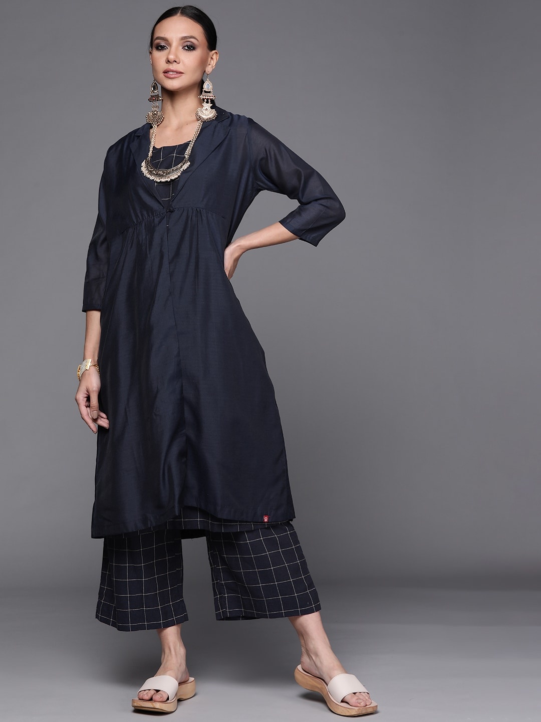 

Biba Women Navy Blue & Beige Layered Pure Cotton Kurta with Trousers