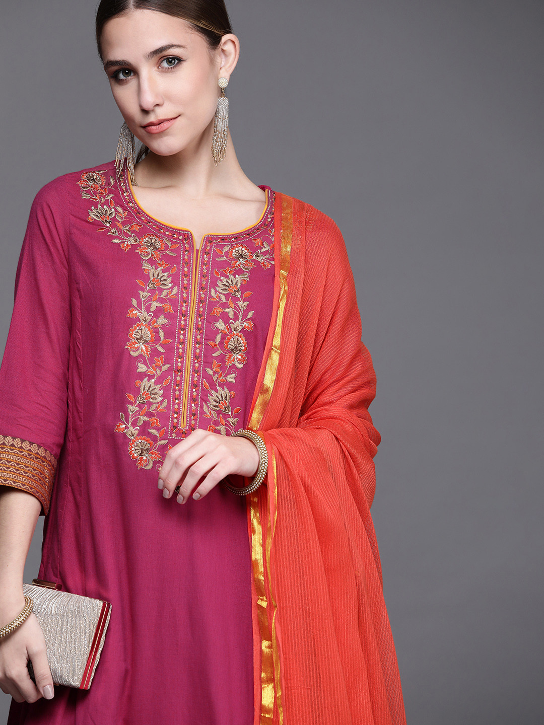 

Biba Women Pink Cotton Floral Embroidered Sequinned A-Line Kurta with Churidar & Dupatta
