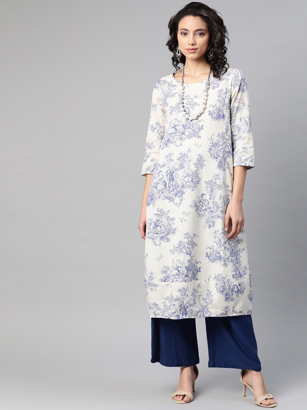 

Biba Women Off-White & Blue Printed A-Line Kurta