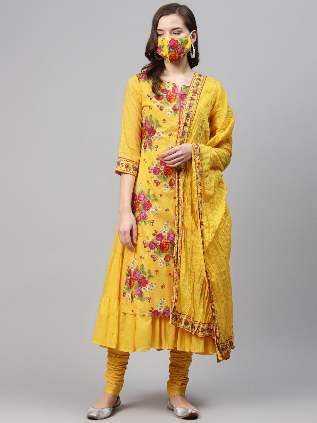 

Biba Women Yellow Pink Floral Printed Pure Cotton Layered Kurta Set With Dupatta