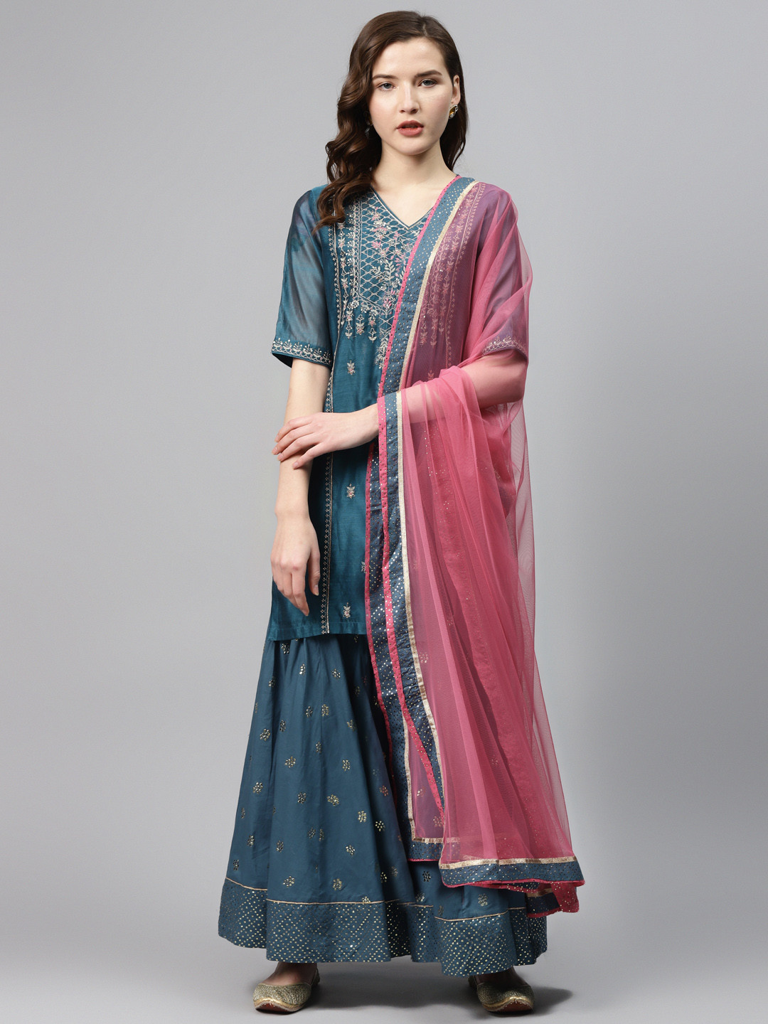 

Biba Women Teal Blue Golden Embroidered Kurta Sharara & Dupatta
