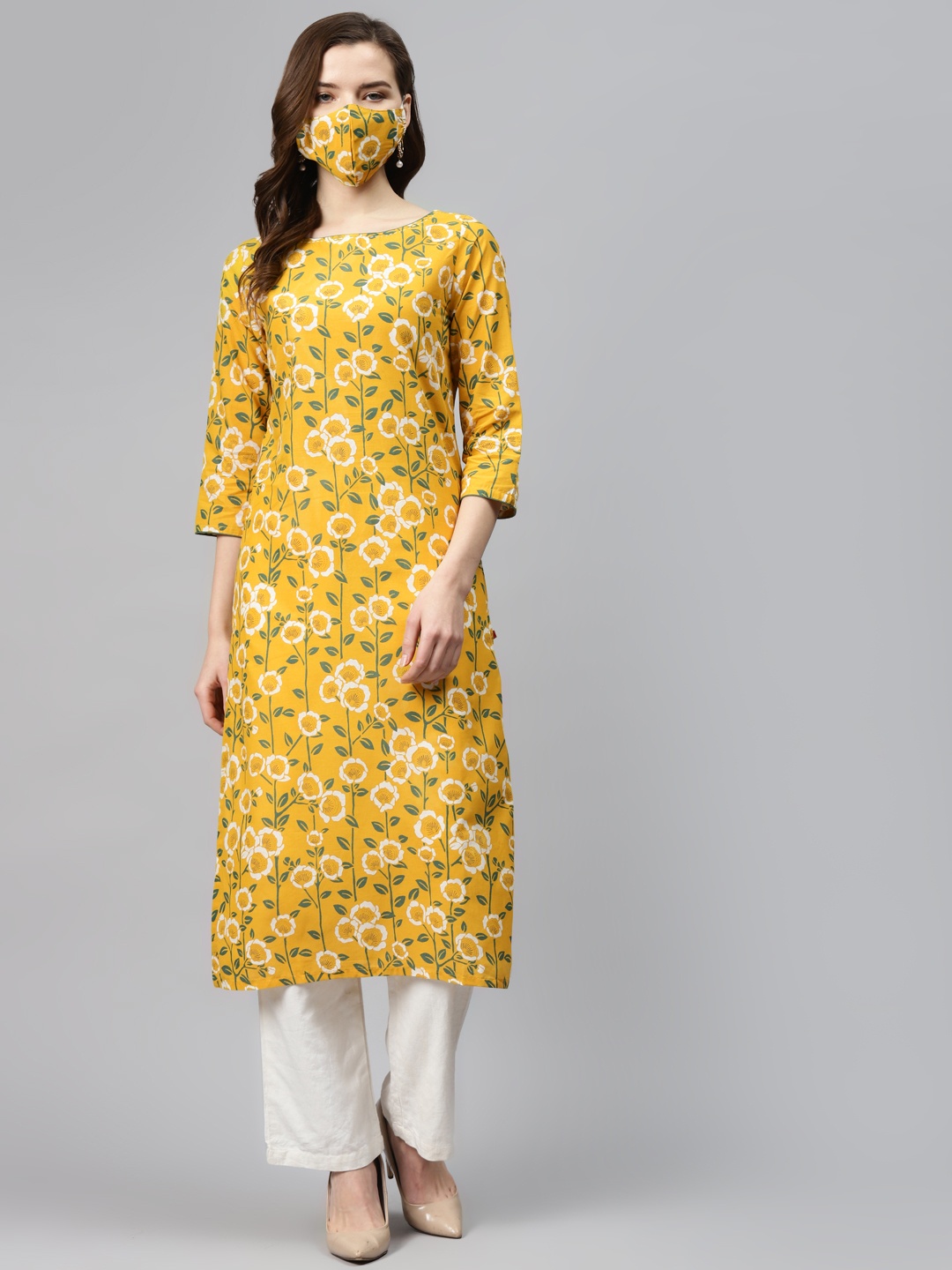 

Biba Women Mustard Yellow White Floral Print Cotton Straight Kurta