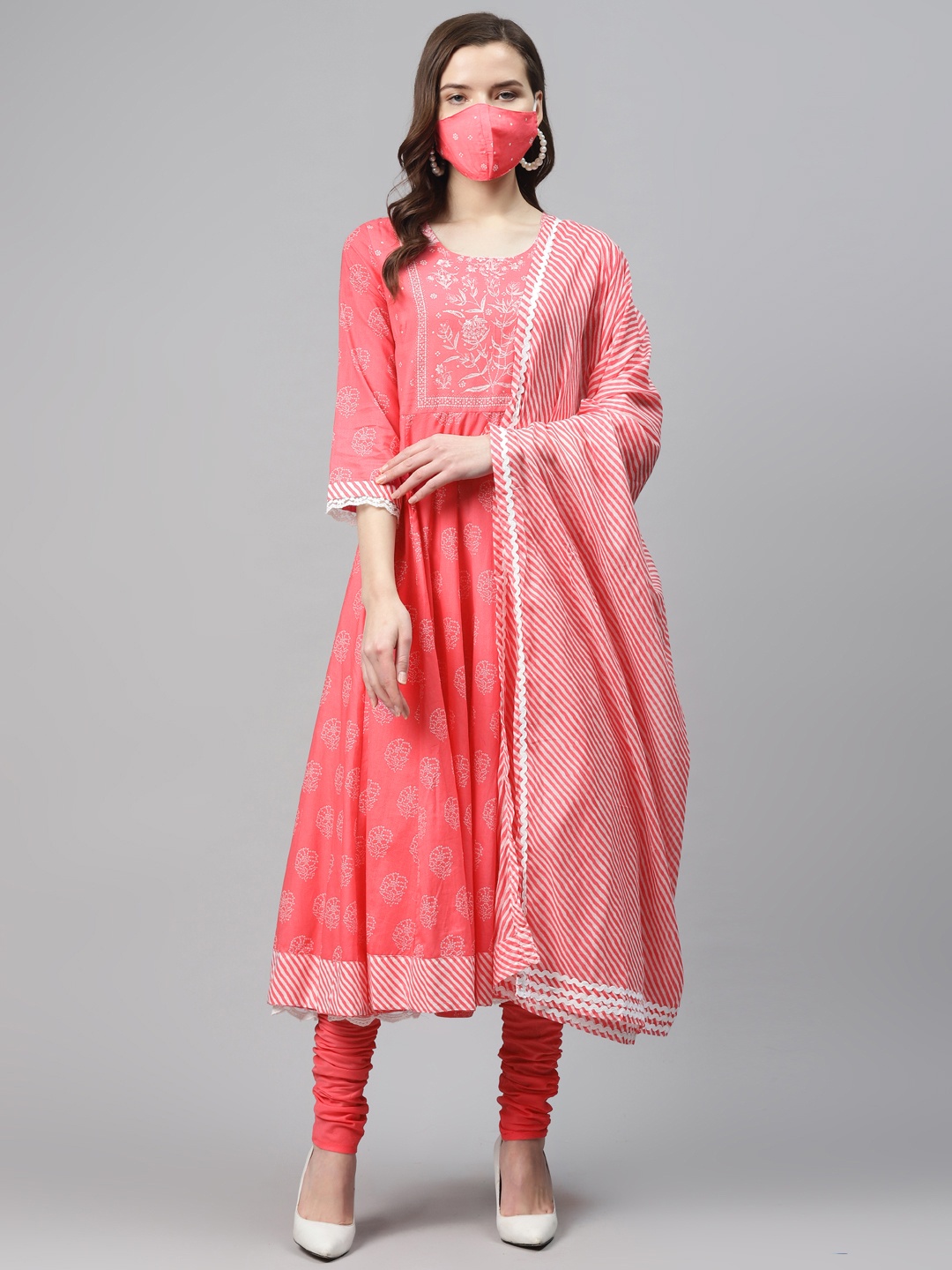 

Biba Women Pink White Printed Kurta with Churidar Dupatta