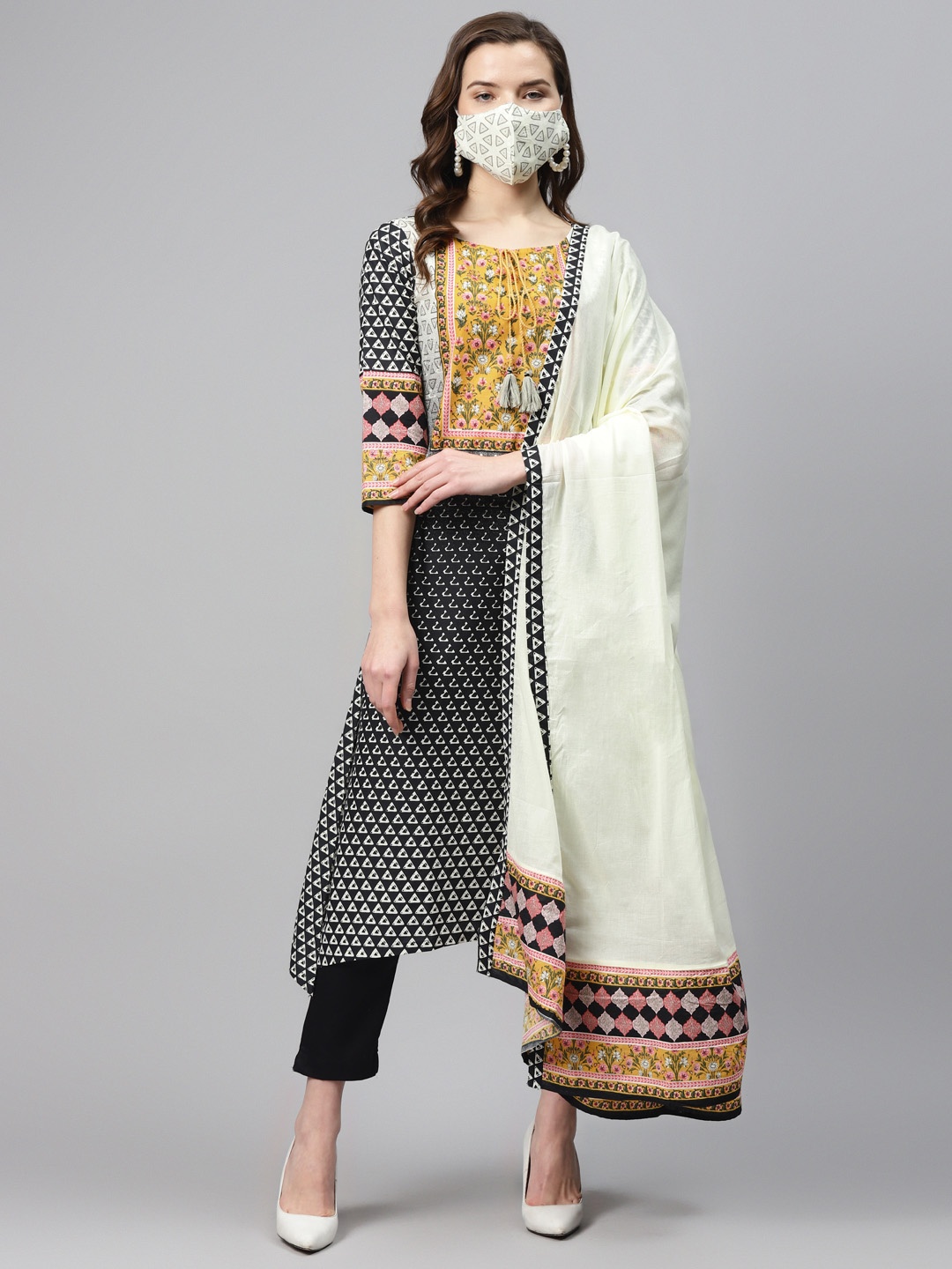 

Biba Women Black Yellow Printed Asymmetric Kurta with Trousers Dupatta