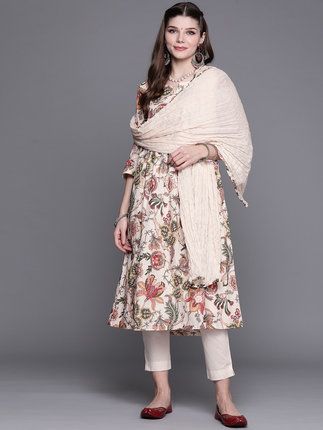 

Biba Women Off White Pure Cotton Printed Regular Kurta with Trousers & Dupatta