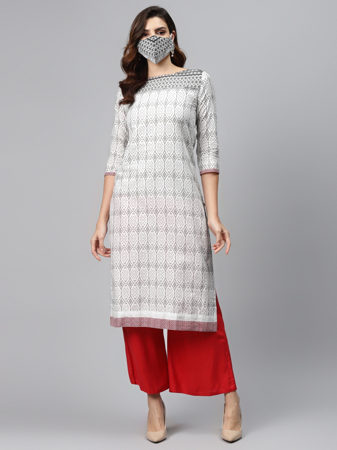 

Biba Women White Grey Pure Cotton Printed Straight Kurta