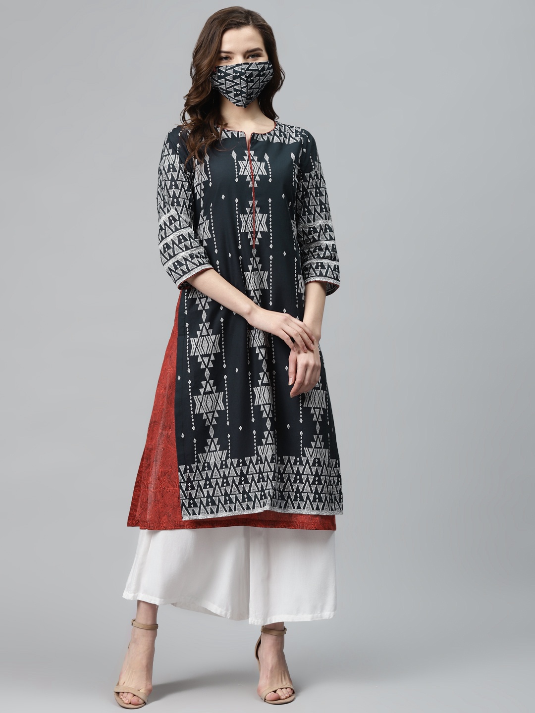 Biba Women Navy Blue White Printed Pure Cotton A-Line Layered Kurta