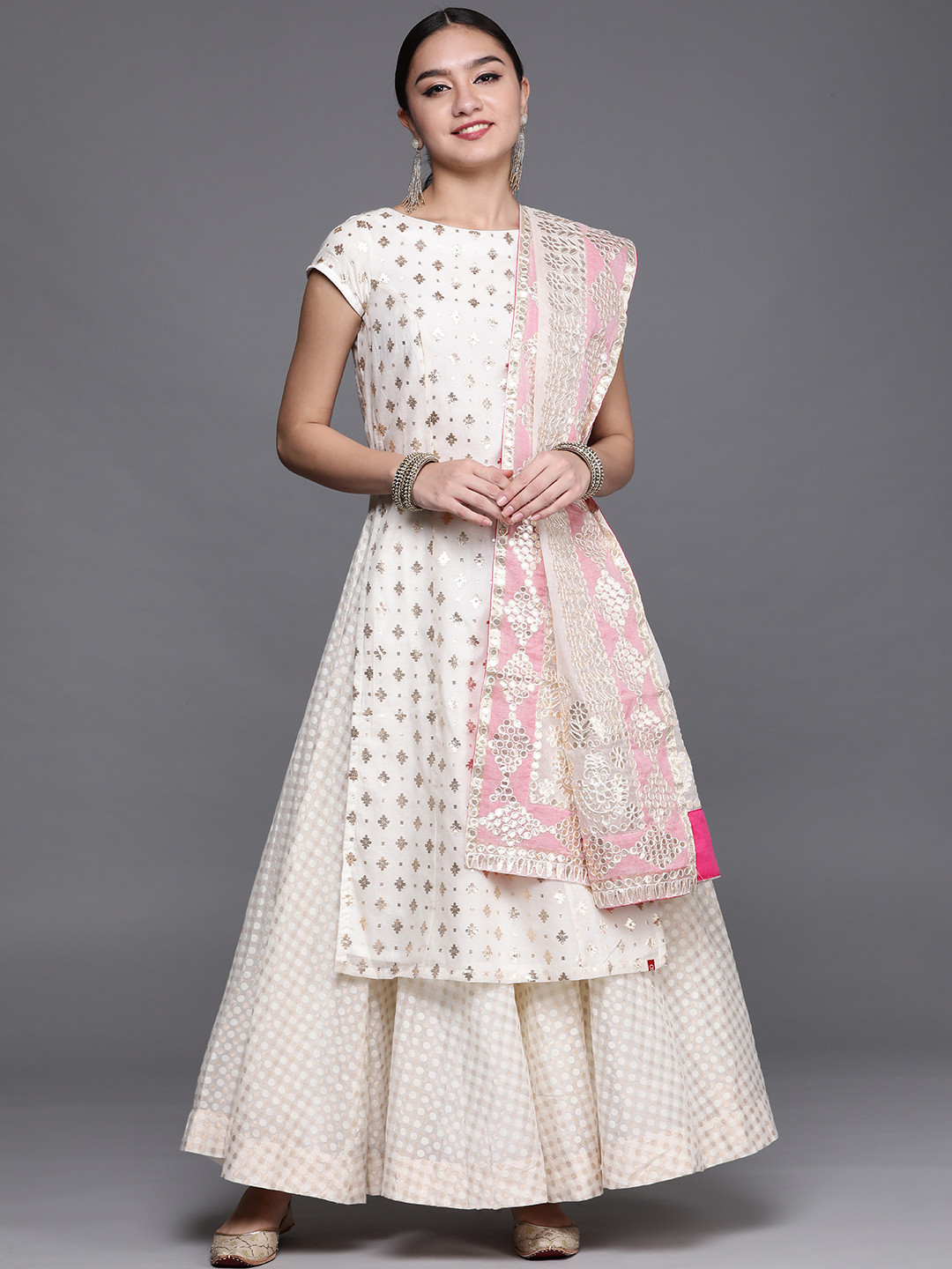 

Biba Women Off White & Golden Woven Design Kurta with Skirt & Dupatta