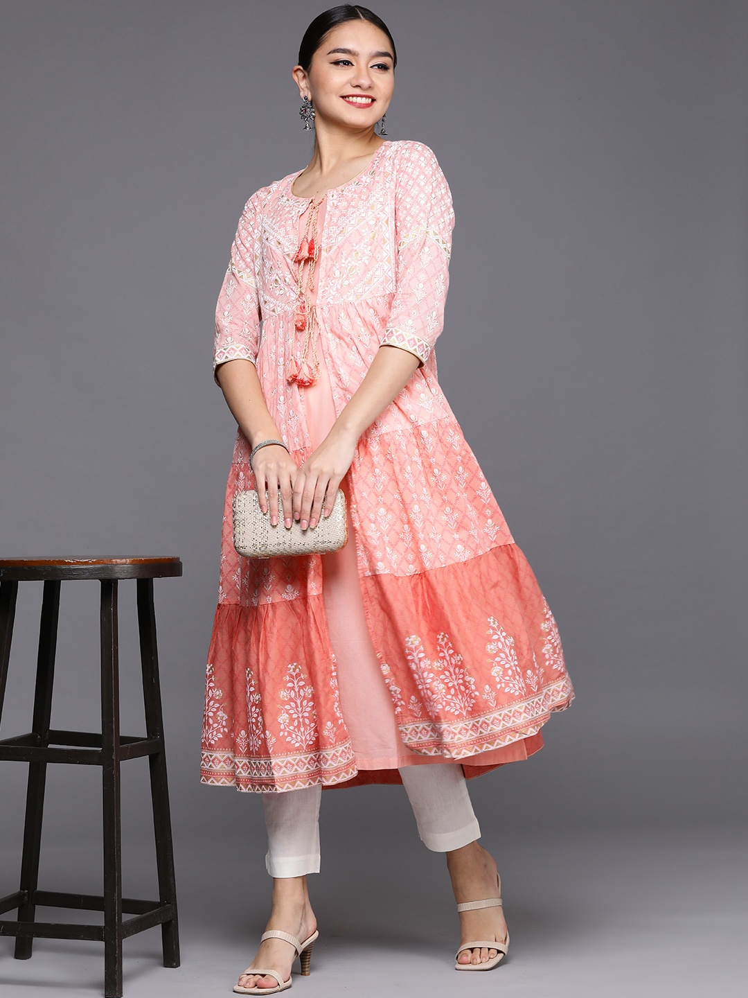 

Biba Women Pink Floral Printed Layered Kurta