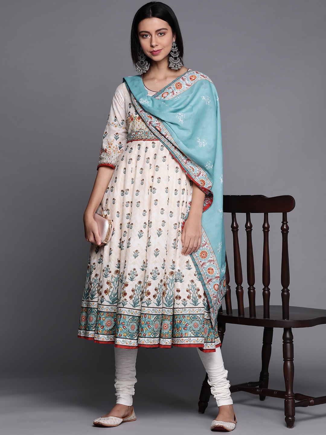 

Biba Women Cream-Coloured Motifs Print Panelled Cotton Kurta with Churidar & Dupatta