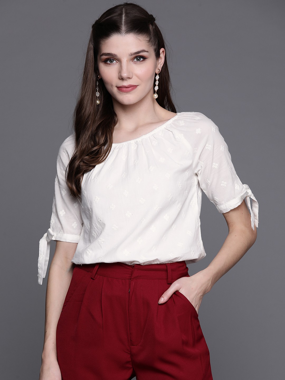 

Biba Gypsy Collection White Embroidered Regular Top with Tie-Up Sleeves