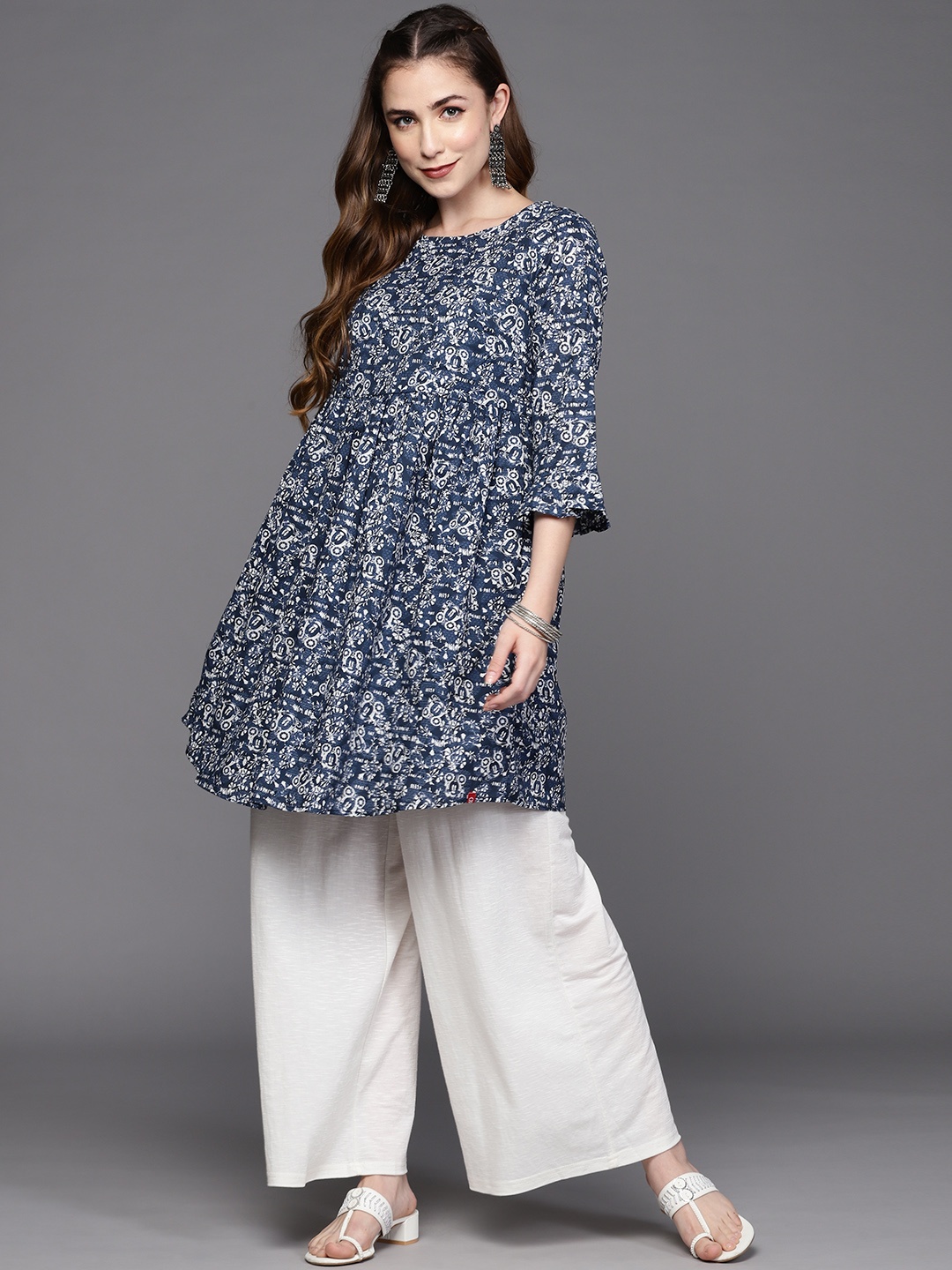 

Biba Women Navy Blue & White Pure Cotton Ethnic Motifs Printed Indigo Kurta