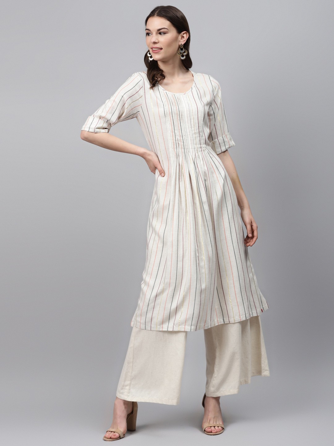 

Biba Women Off-White & Black Striped A-Line Kurta