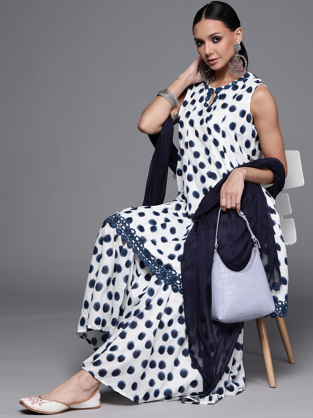

Biba Women White & Navy Blue Printed Panelled Kurta with Sharara & With Dupatta