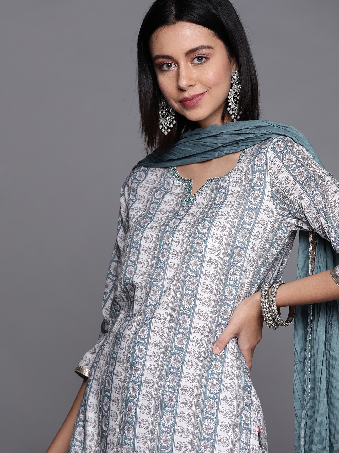 

Biba Women Blue & Off White Printed Regular Pure Cotton Kurta with Palazzos & With Dupatta