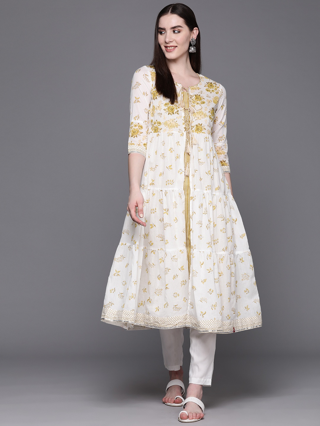 

Biba Floral Printed Gotta Patti Cotton Layered Kurta, White