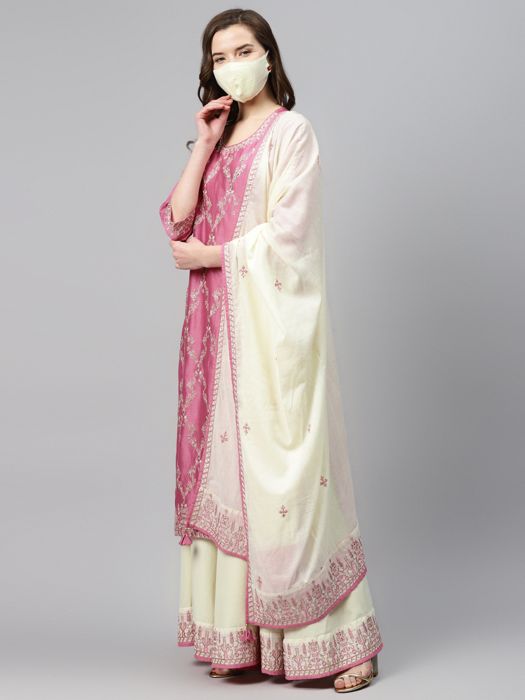 

Biba Women Pink & Cream-Coloured Embroidered Kurta with Palazzos & Dupatta